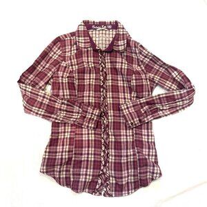 Y2K/Vintage Guess Pink Red Plaid Button Up Ruffle Preppy Glittery Size Small